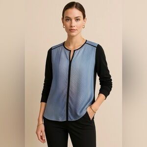 Eli Tahari Blue Gradient Silk Front Top with Black Modal Sleeves - Size Small